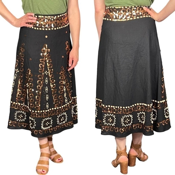LILLIE RUBIN LINEN BLEND SEQUIN BEADED A-LINE MIDI SKIRT - Picture 1 of 11